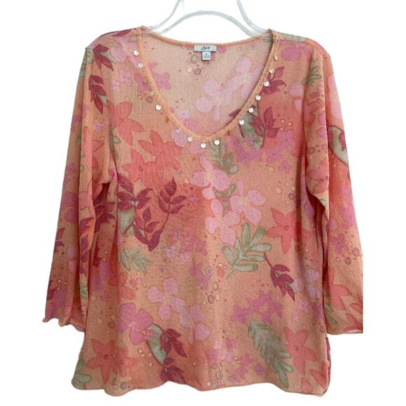 J. Jill Sheer Mesh Top Y2K Floral Top Embellished Peach Size Large - Picture 3 of 6